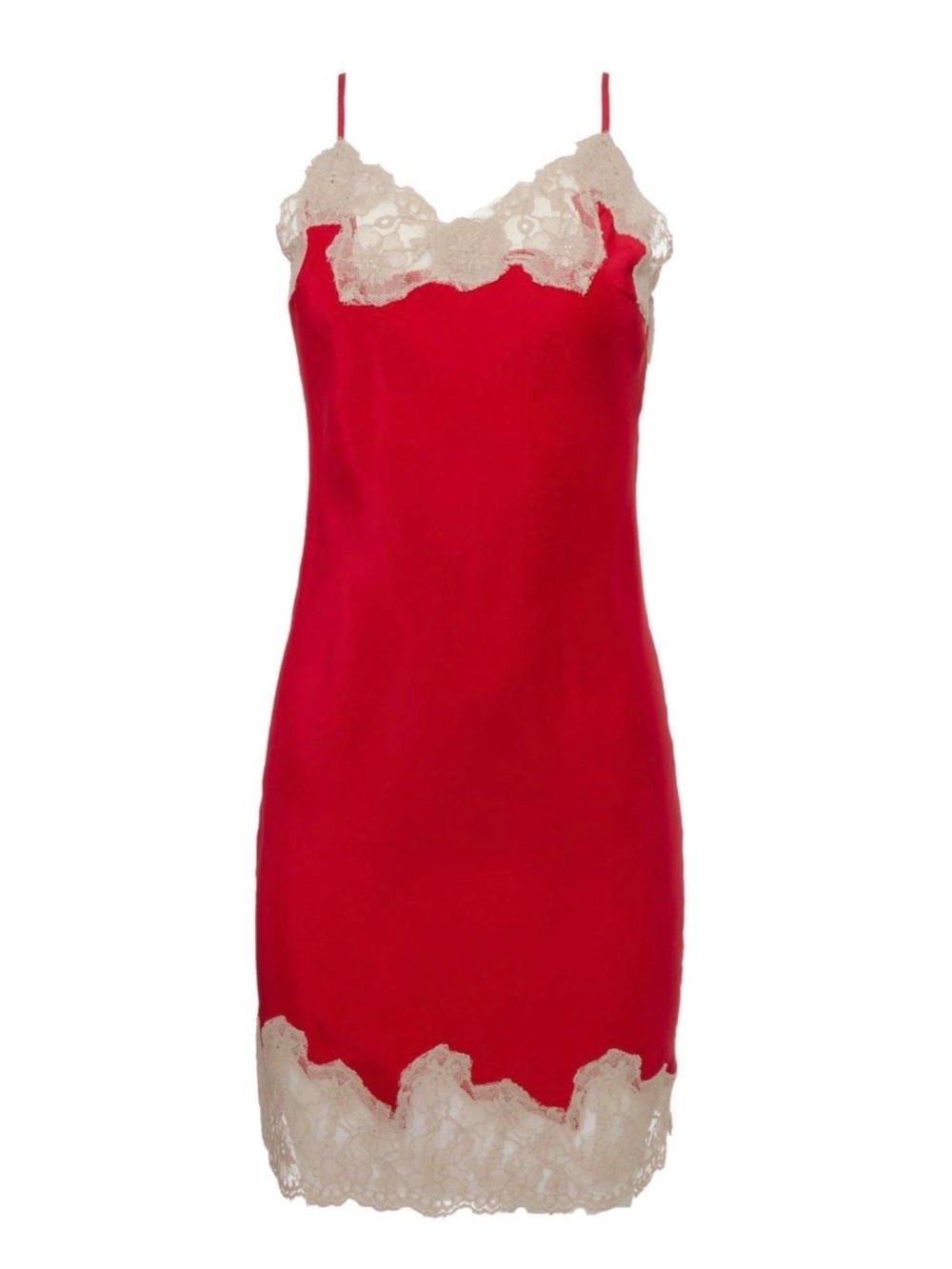 Gold Hawk Silk Red Lace-Trim Slip Dress with Cream Lace Accents
